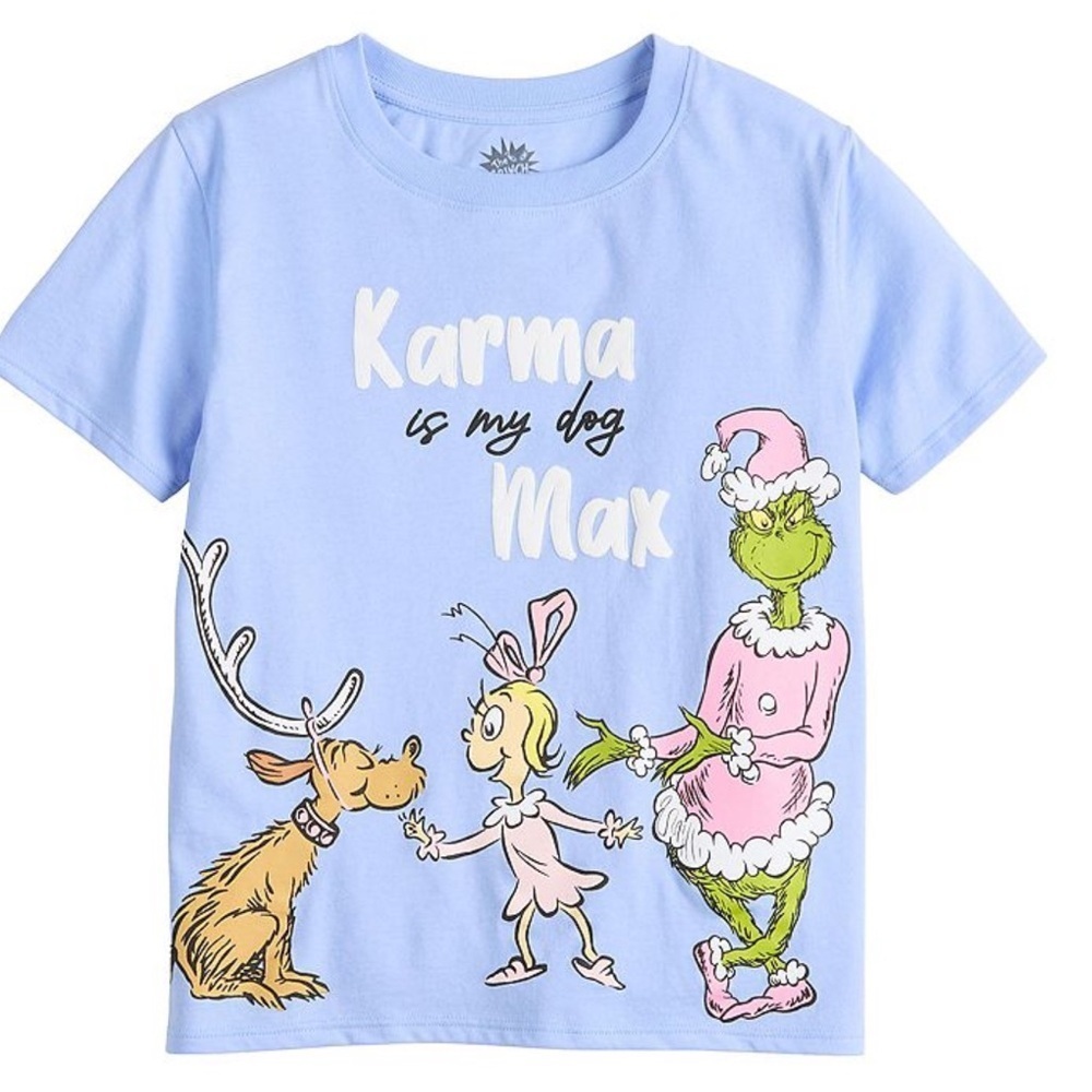 NWT Dr. Seuss' The Grinch, Max, & Cindy Lou "Karma Is My Dog Max" Graphic Tee